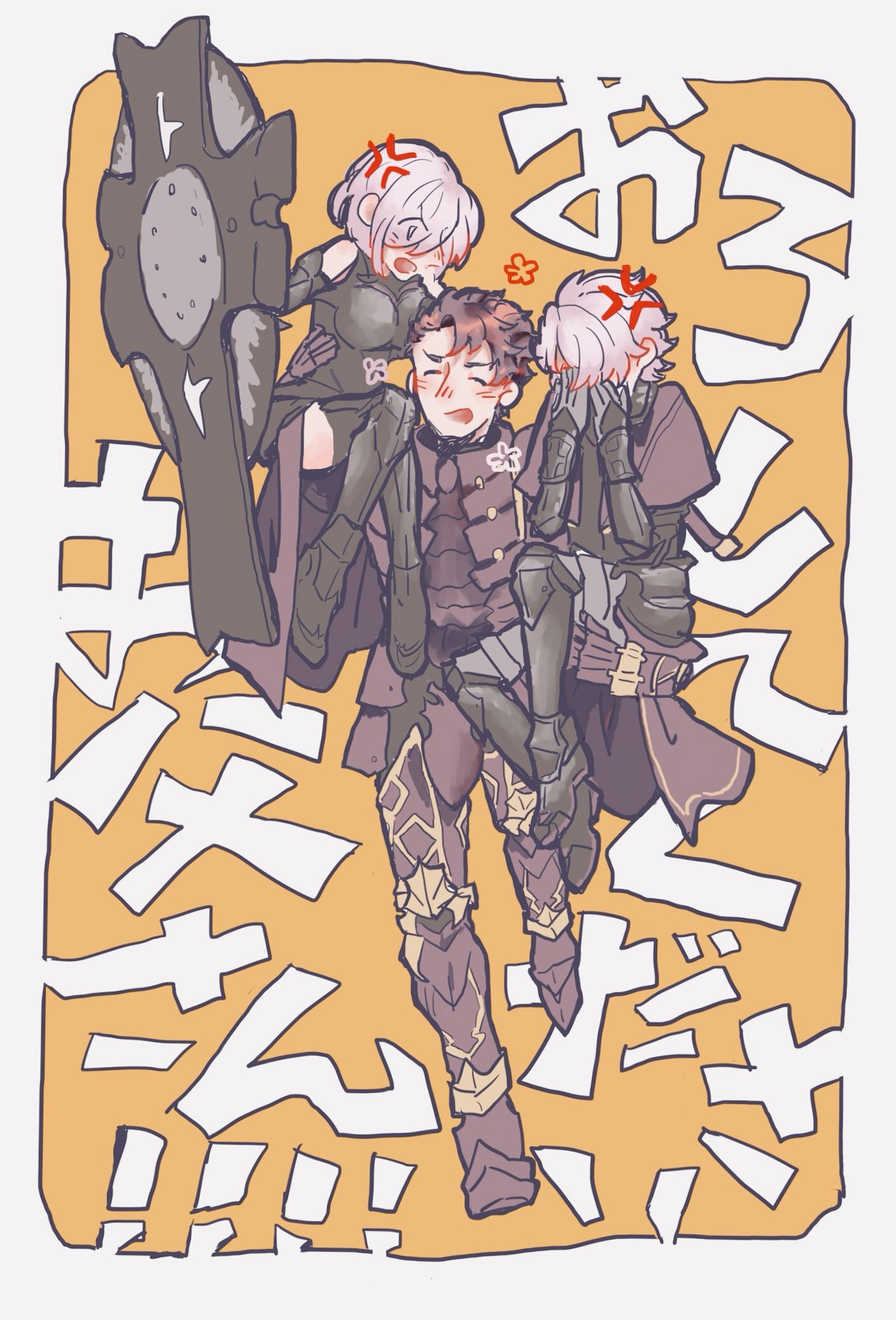 1girl, 2boys, anger_vein, armor, bare_shoulders, blush, brown_hair, cape