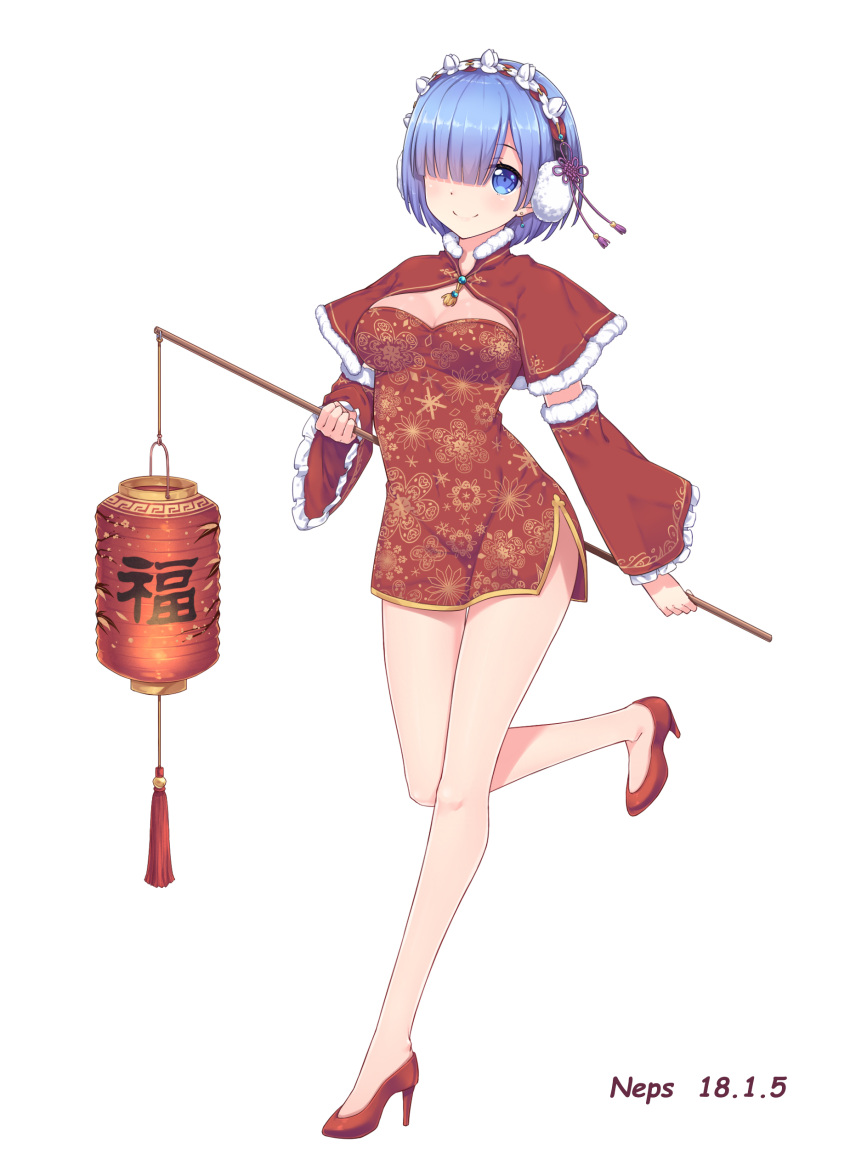 1girl, absurdres, alternate_costume, artist_name, blue_eyes, blue_hair, blush, breasts, china_dress, chinese_clothes, cleavage, closed_mouth, dated, detached_sleeves, dress, earmuffs, earrings, frilled_sleeves, frills, fur-trimmed_capelet, fur-trimmed_sleeves, fur_trim, hair_over_one_eye, hair_ribbon, hairband, high_heels, highres, holding, jewelry, lampion, lantern, leg_up, lolita_hairband, long_sleeves, looking_at_viewer, medium_breasts, neps-l, no_legwear, no_socks, print_dress, re:zero_kara_hajimeru_isekai_seikatsu, red_dress, red_footwear, rem_(re:zero), ribbon, short_dress, short_hair, side_slit, simple_background, smile, solo, standing, standing_on_one_leg, tareme, tassel, translation_request, white_background, wide_sleeves