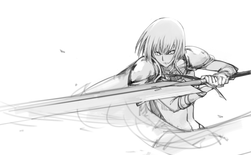 1girl, armor, bodysuit, cape, clare_(claymore), claymore, cowboy_shot, greyscale