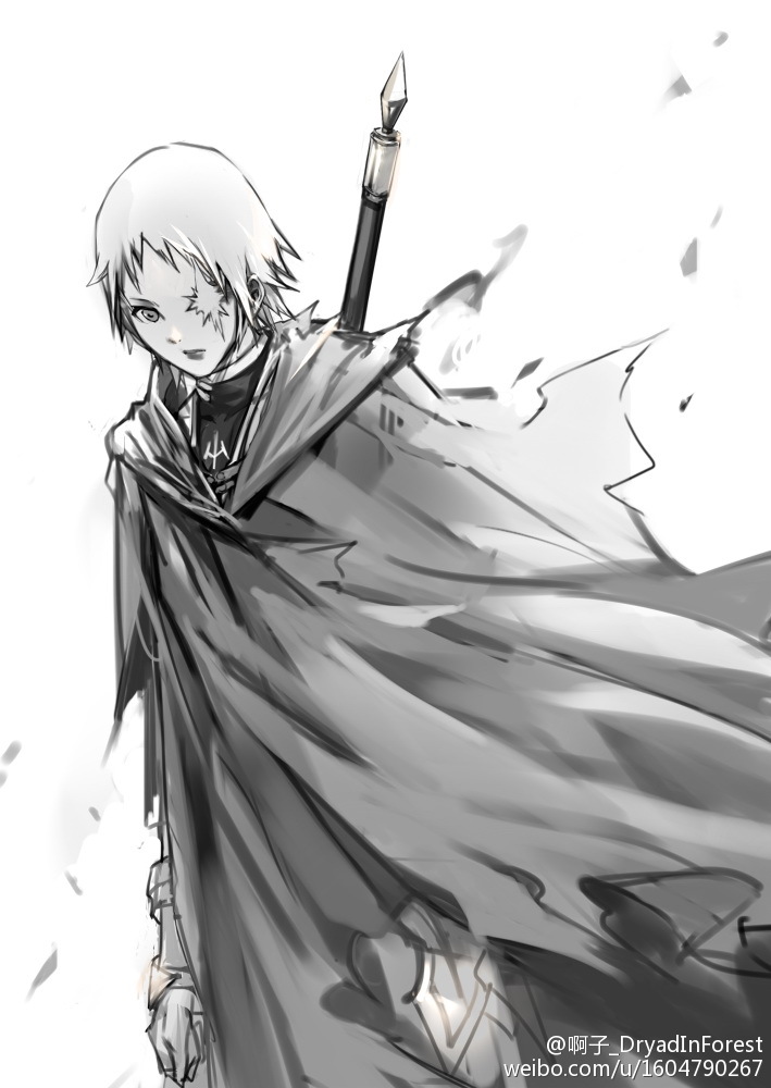1girl, armor, claymore, cloak, dutch_angle, kumako_(pixiv4171671), rafaela, short_hair