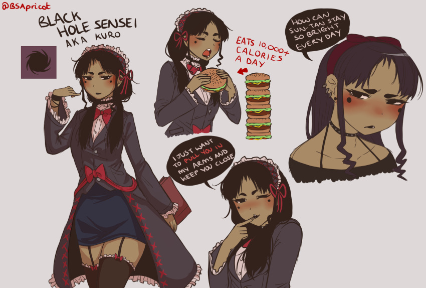 1girl, bare_shoulders, black_choker, black_hair, black_hole-sensei, black_hole_(space), black_legwear, blue_skirt