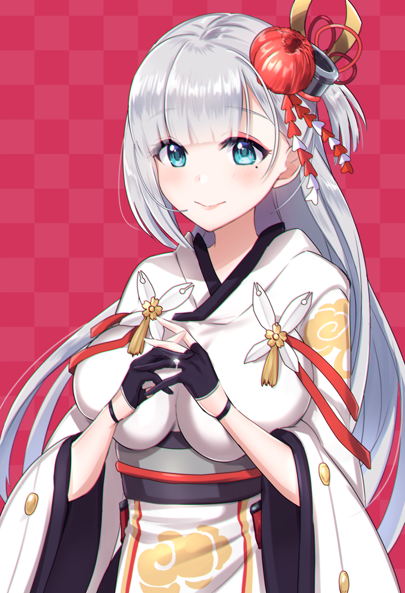 1girl, azur_lane, bangs, black_gloves, blue_eyes, blush, breasts, checkered