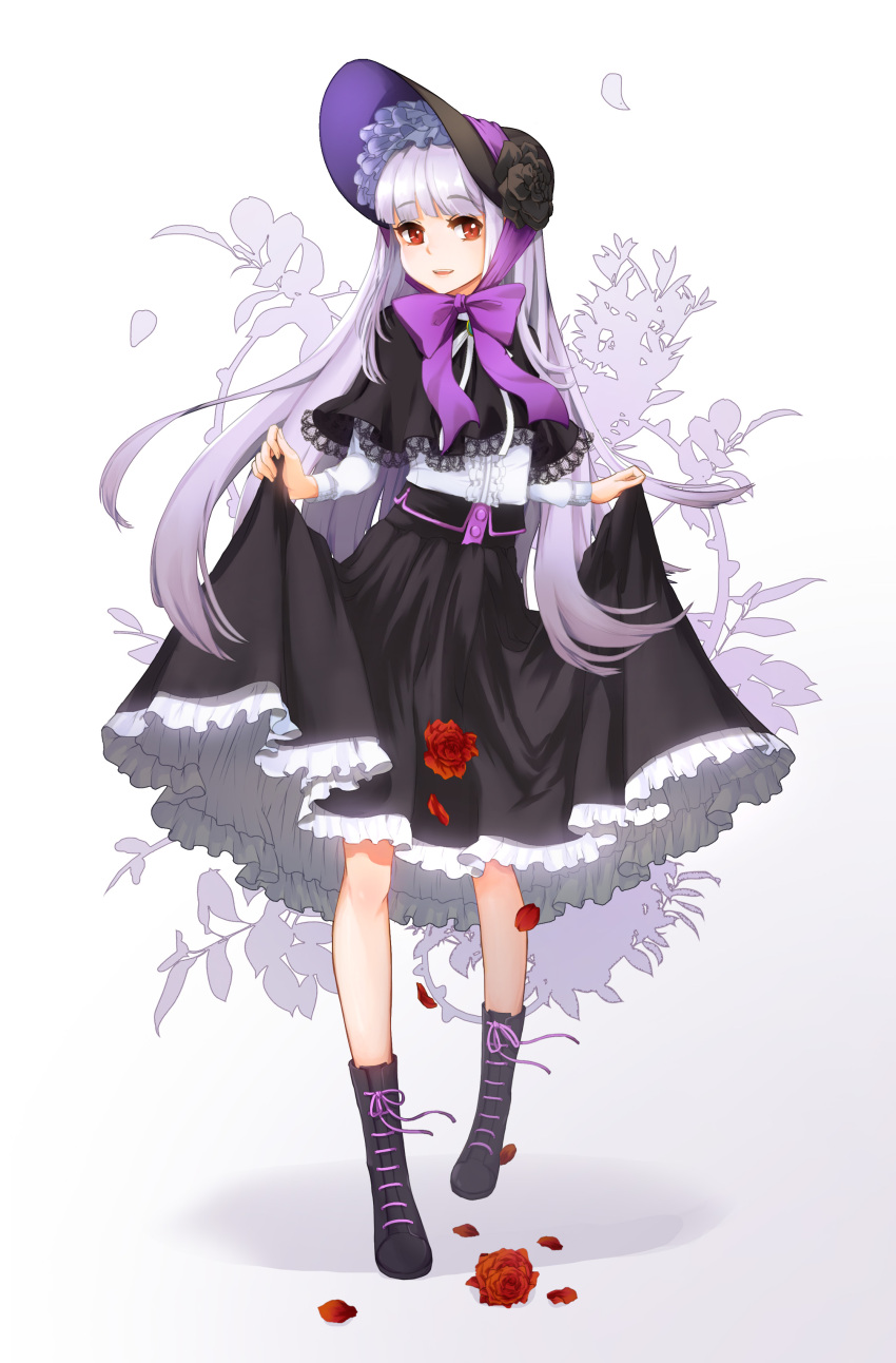 1girl, absurdres, black_footwear, black_hat, black_skirt, bonnet, bow, capelet