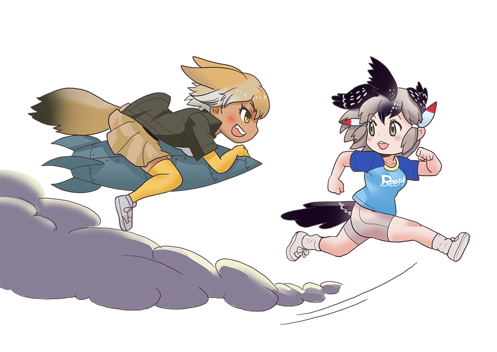 2girls, :d, animal_ears, bird_tail, bird_wings, black_hair, black_jacket, blonde_hair