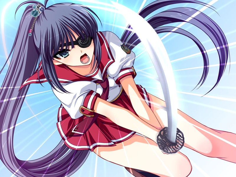 blue_hair, dutch_angle, eyepatch, game_cg, ponytail, school_uniform, serafuku, shin_genre_esudere!!