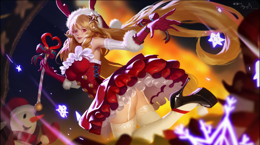 1girl, antlers, anyuananyuan, ass, bare_shoulders, blonde_hair, breasts, christmas, corset, detached_sleeves, garter_straps, gloves, hair_ornament, high_heels, highres, long_hair, original, parted_lips, red_eyes, red_gloves, red_suit, reindeer_antlers, smile, snowflakes, snowman, solo, star, star_hair_ornament, thigh-highs, very_long_hair, wand