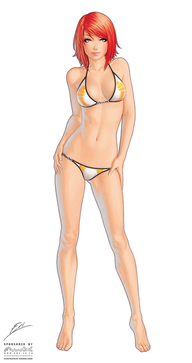 bikini, blue_eyes, breasts, feet, highres, lips, lipstick, navel