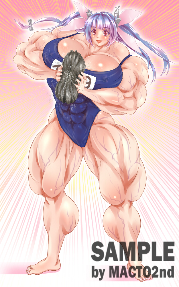 blue_hair, eyebrows_visible_through_hair, hair_ribbon, long_hair, macto, muscle, muscular_female, ponytail, red_eyes, ribbon, school_swimsuit, swimsuit, twintails, very_long_hair