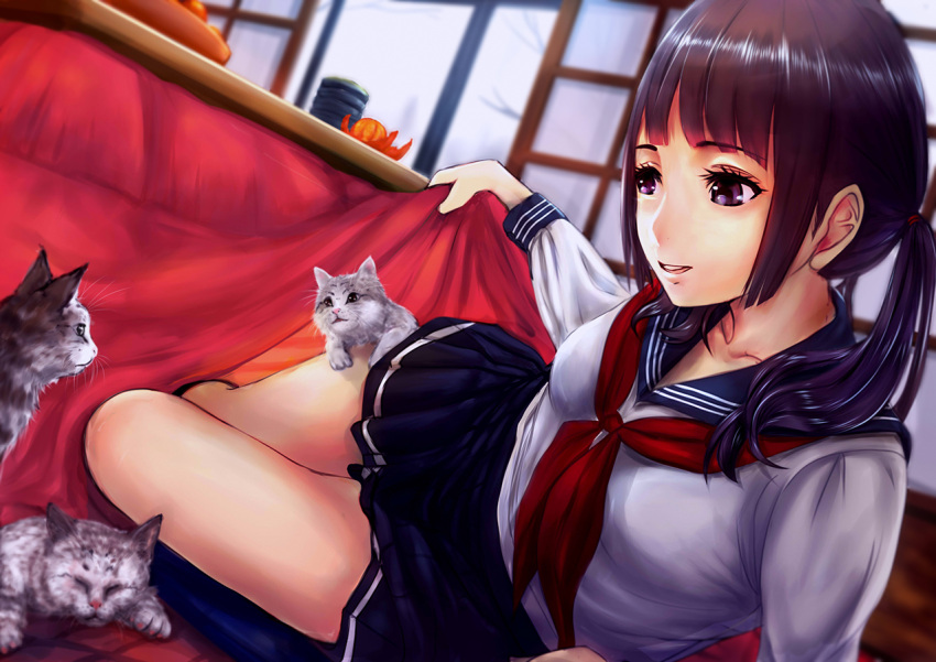1girl, animal_on_leg, arm_rest, black_hair, brown_eyes, cat, food, inside