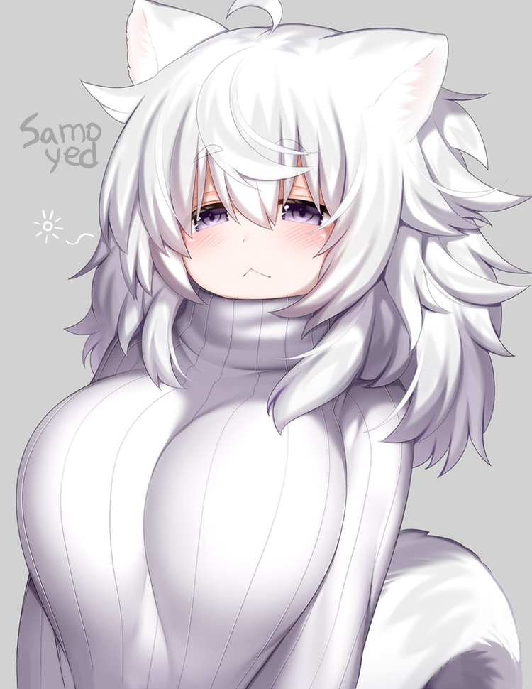 1girl, :<, ahoge, animal_ears, blush, breasts, closed_mouth, drowsy