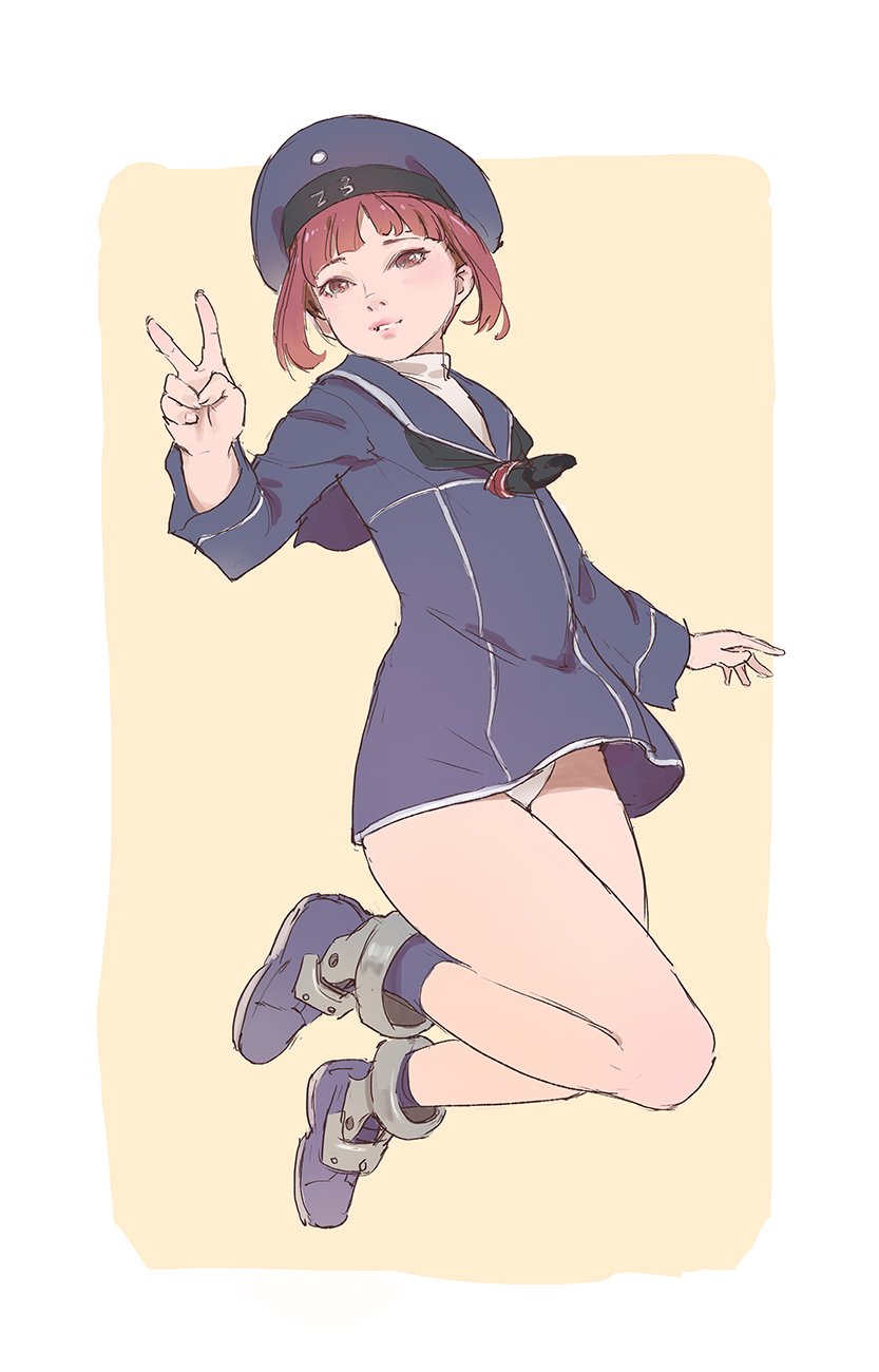 1girl, black_neckwear, blue_dress, blue_footwear, blue_hat, blue_legwear, blue_sailor_collar, boots