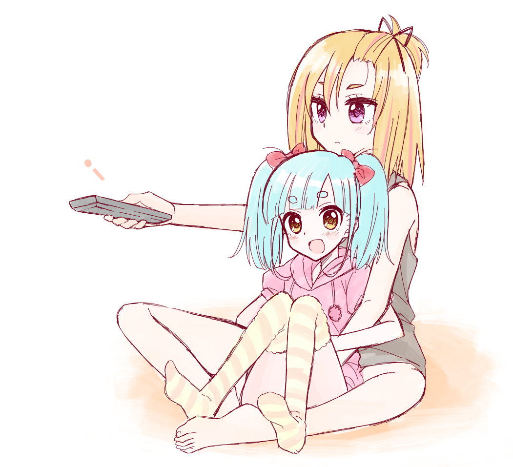 2girls, :d, age_difference, asymmetrical_hair, bangs, bare_legs, bare_shoulders, barefoot