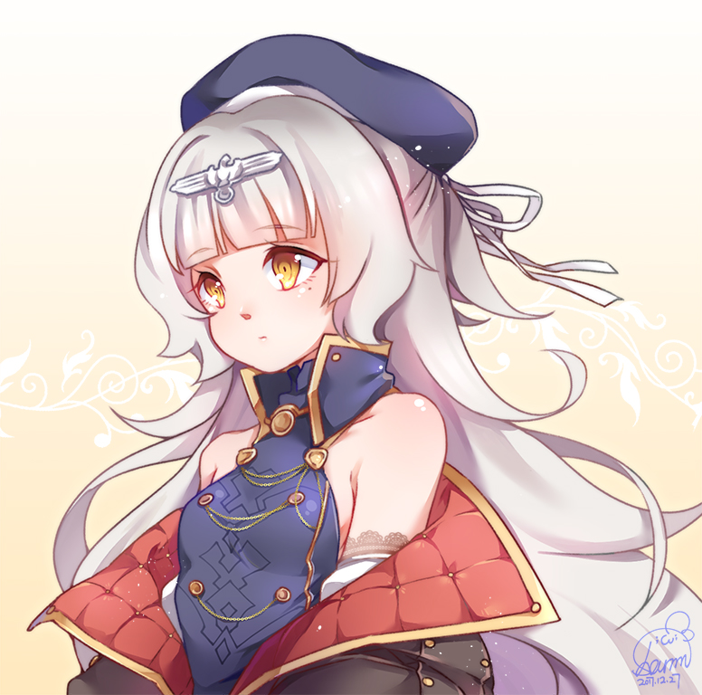 1girl, azur_lane, beret, closed_mouth, commentary_request, gradient, gradient_background, hair_ornament