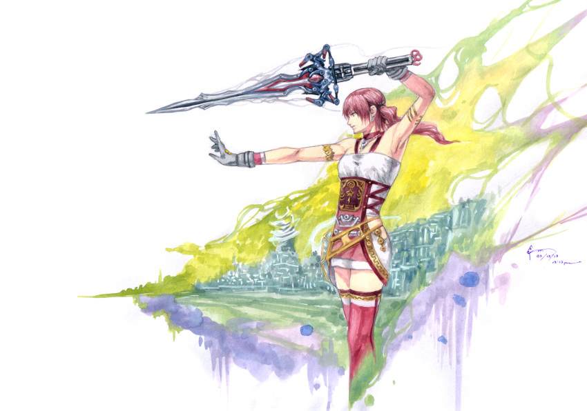 1girl, absurdres, blue_eyes, breasts, final_fantasy, final_fantasy_xiii, final_fantasy_xiii-2, gloves, highres, jewelry, long_hair, necklace, nick-ian, pink_hair, serah_farron, side_ponytail, skirt, solo, thigh-highs, weapon