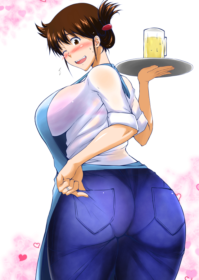 1girl, alcohol, apron, ass, beer, blush, bra, breasts