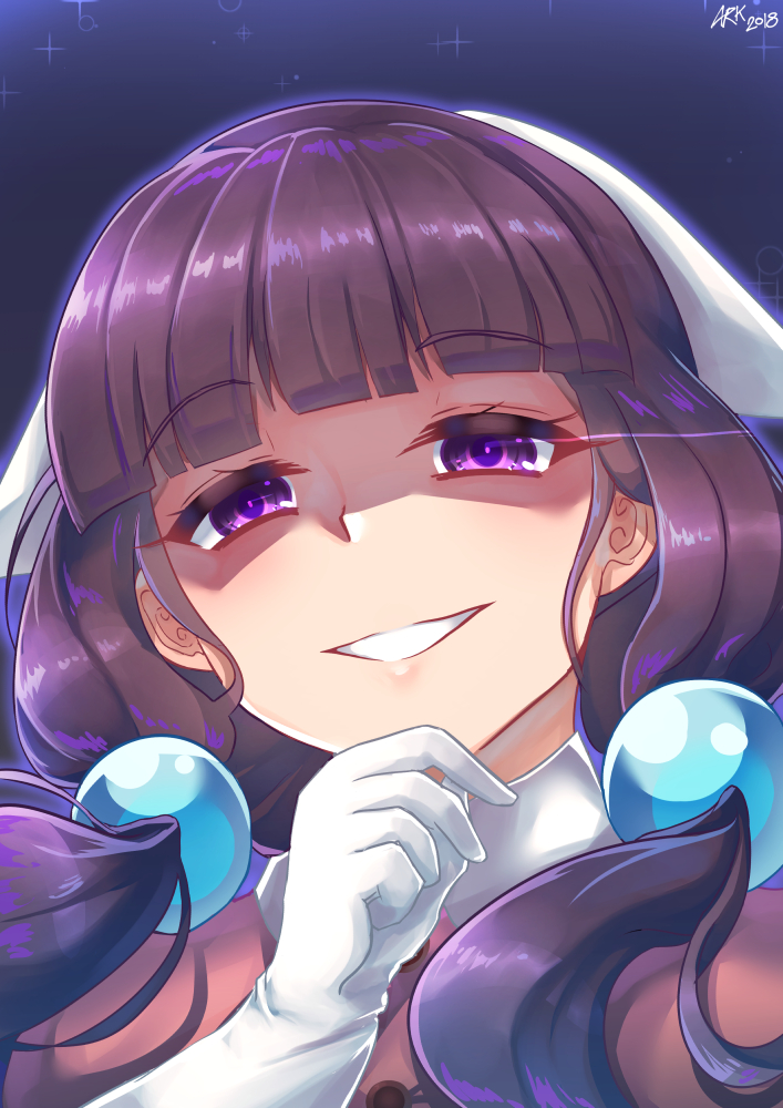 1girl, arkfield, artist_name, bangs, blend_s, blunt_bangs, dated, evil_grin, evil_smile, eyebrows_visible_through_hair, face, gloves, grin, hair_bobbles, hair_ornament, half-closed_eyes, hand_on_own_chin, head_scarf, light_trail, long_hair, looking_at_viewer, low_twintails, sakuranomiya_maika, shaded_face, smile, solo, sparkle, twintails, upper_body, violet_eyes, white_gloves