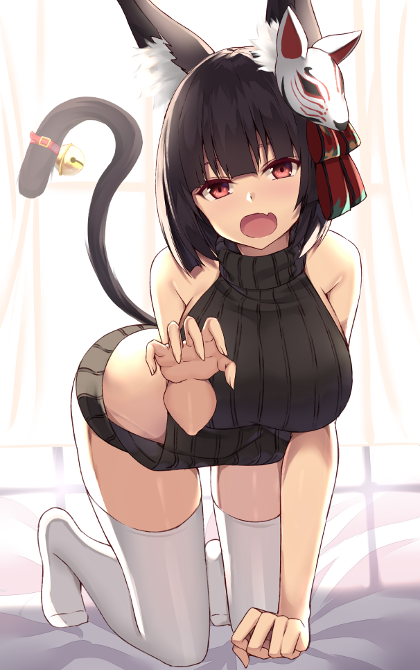 1girl, all_fours, alternate_costume, animal_ears, arm_support, azur_lane, backless_outfit, bangs