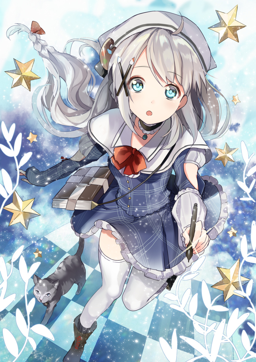 1girl, :o, absurdres, ahoge, animal, bangs, blue_eyes, blue_shirt