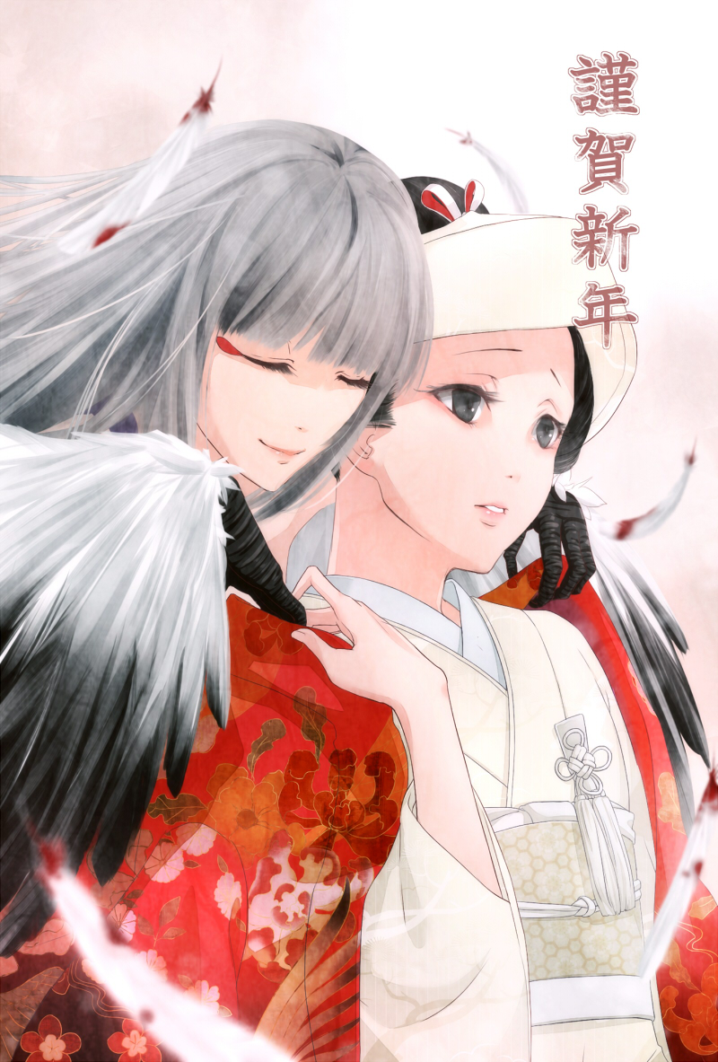 2girls, bangs, black_hair, closed_eyes, closed_mouth, cropped_torso, grey_eyes, grey_hair