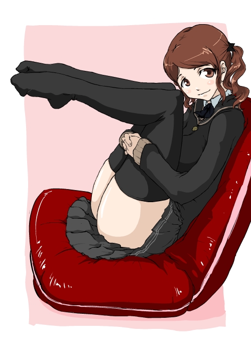 1girl, amagami, black_legwear, black_thighhighs, brown_eyes, brown_hair, feet, knees_on_chest