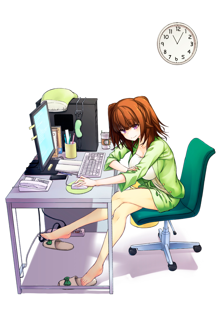 1girl, barefoot, breasts, brown_hair, cleavage, clock, comic, computer, desktop, feet, highres, ikinokore!_shachiku-chan, large_breasts, long_sleeves, looking_at_viewer, pillow, sakura_ouka, shoes_removed, skirt, smile, solo, toes, twintails, violet_eyes, yuuki._(limit)