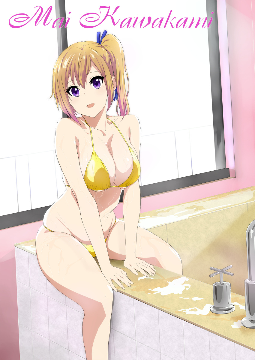 1girl, absurdres, bathroom, bathtub, between_legs, bikini, blonde_hair, blue_flower