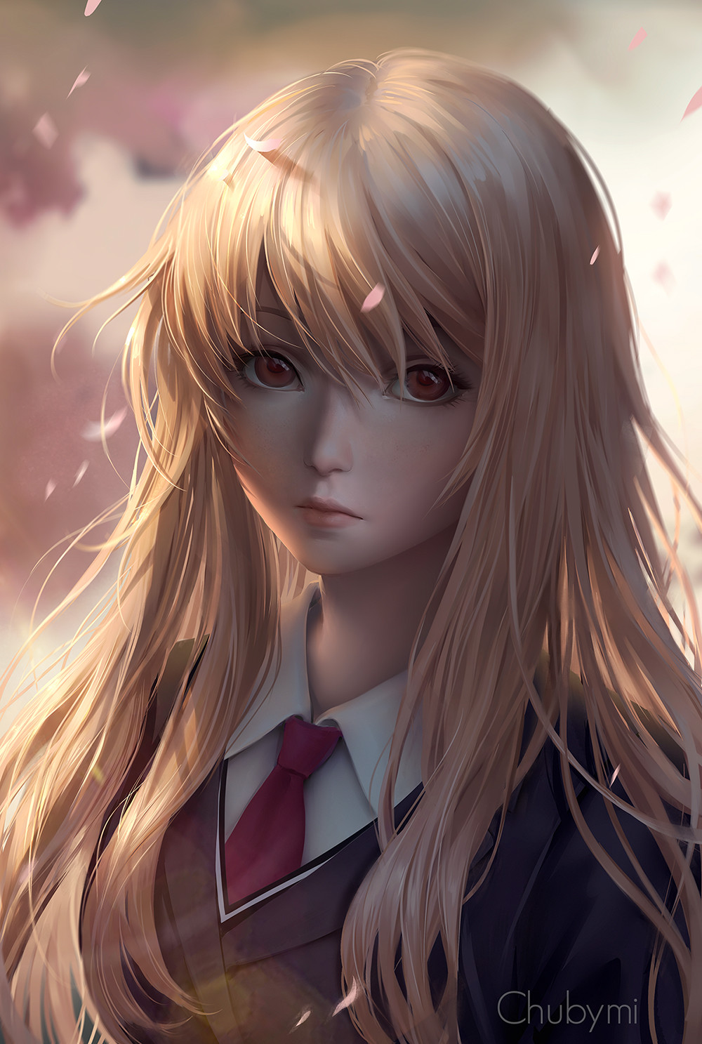 1girl, artist_name, bangs, black_jacket, blonde_hair, brown_eyes, cherry_blossoms, chuby_mi