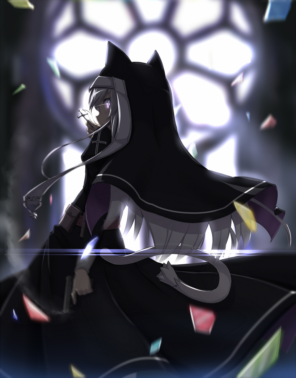 +_+, 1girl, ammunition_pouch, animal_ears, arm_at_side, bangs, blurry, blush