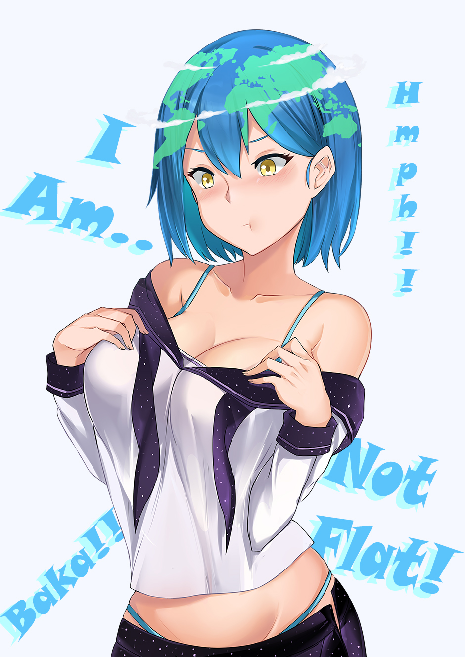 1girl, aori_sora, blouse, blue_bra, blue_hair, blue_panties, blush, bra