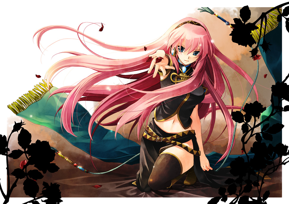 boots, elmou, headset, long_hair, megurine_luka, midriff, navel, outstretched_hand