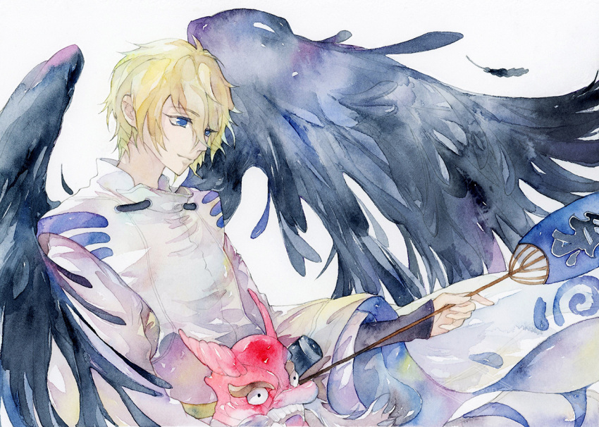 1boy, black_feathers, black_wings, blonde_hair, blue_eyes, daitengu, fan, hiroshiko_awasan