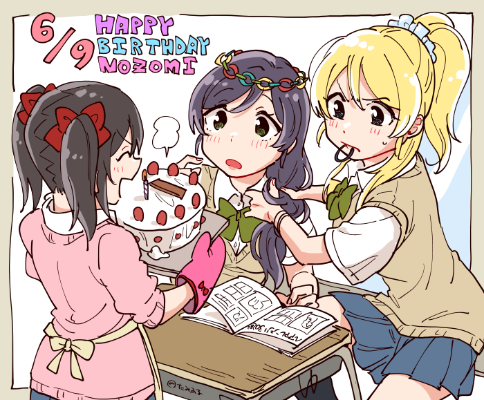 3girls, adjusting_hair, apron, ayase_eli, birthday_cake, black_hair, blonde_hair, blue_eyes, blush, book, bow, cake, candle, dated, desk, english, food, green_eyes, hair_bow, happy_birthday, kamui87, long_hair, looking_at_another, love_live!, love_live!_school_idol_project, mouth_hold, multiple_girls, open_book, open_mouth, otonokizaka_school_uniform, oven_mitts, pleated_skirt, ponytail, purple_hair, school_uniform, scrunchie, short_sleeves, skirt, steam, toujou_nozomi, tray, twintails, waist_apron, yazawa_nico