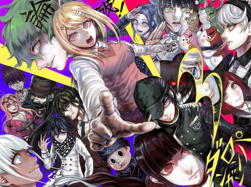 6+boys, 6+girls, akamatsu_kaede, amami_rantarou, black_hair, blonde_hair, blue_eyes, chabashira_tenko, dangan_ronpa, everyone, gokuhara_gonta, green_eyes, green_hair, harukawa_maki, highres, hoshi_ryouma, iruma_miu, keebo, momota_kaito, monodam, monofunny, monokid, monokuma, monosuke, monotarou_(dangan_ronpa), multiple_boys, multiple_girls, new_dangan_ronpa_v3, ouma_kokichi, pink_eyes, red_eyes, redhead, saihara_shuuichi, shinguuji_korekiyo, shirogane_tsumugi, toujou_kirumi, urano_02, yonaga_angie, yumeno_himiko