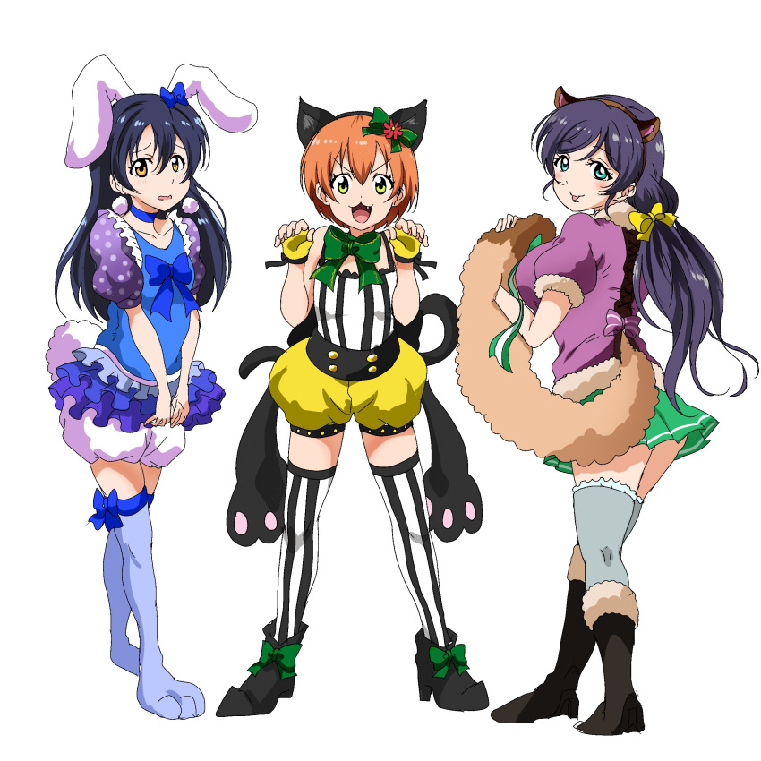 3girls, absurdres, animal_costume, animal_ears, bangs, blue_hair, bunny_costume, cat_costume