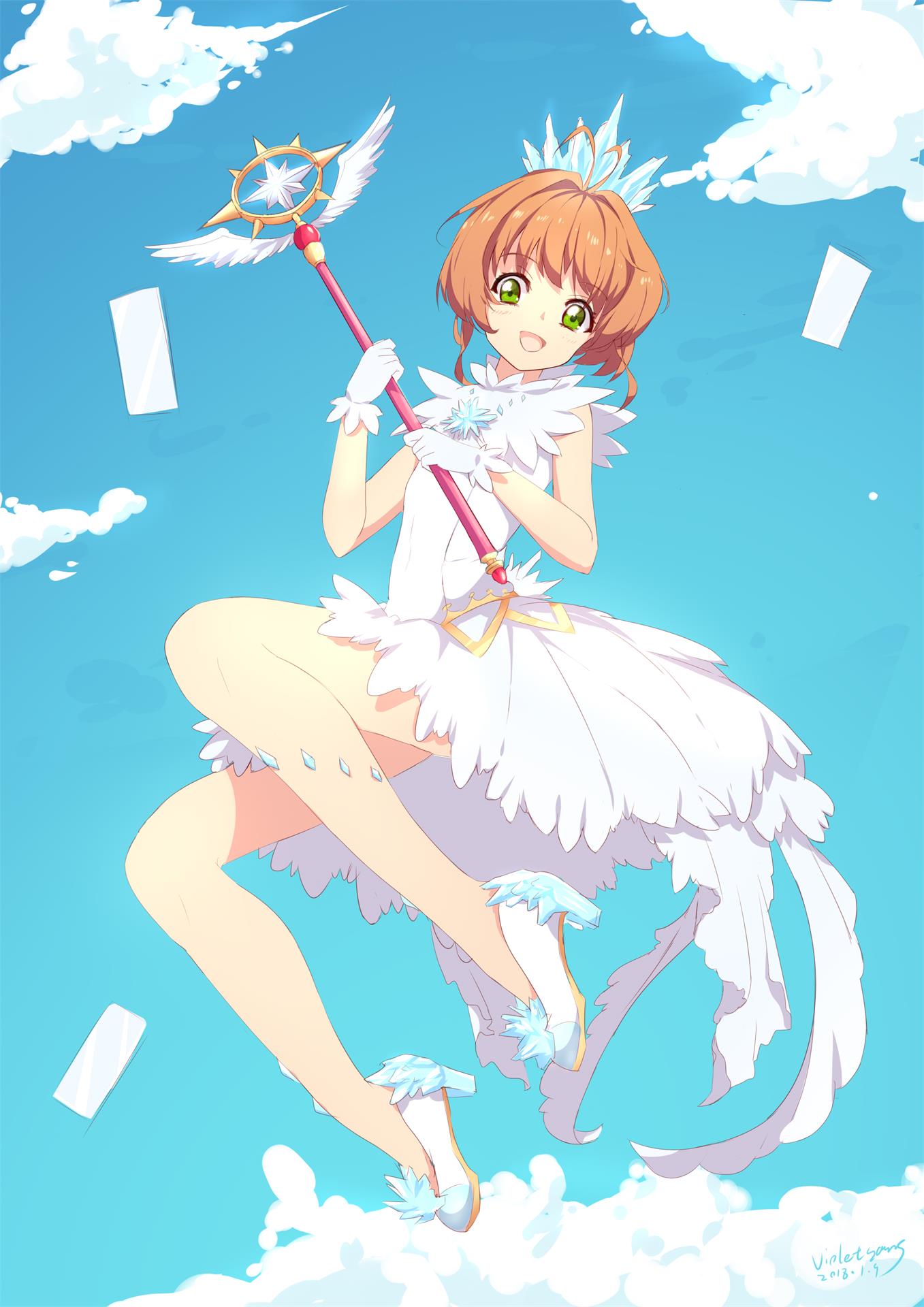 1girl, brown_hair, card_captor_sakura, clear_card, green_eyes, high_heels, highres, kinomoto_sakura