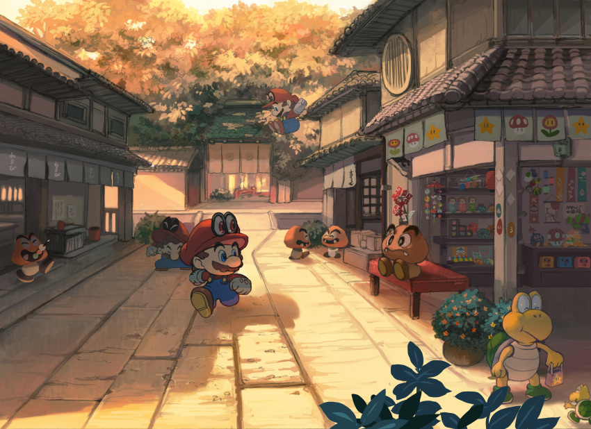 3boys, absurdres, architecture, bag, bench, box, brown_footwear, cappy_(mario), cardboard_box, dango, east_asian_architecture, facial_hair, food, gloves, goomba, hat, highres, jumping, koopa_troopa, super_mario_bros., minato_(minat0), multiple_boys, multiple_persona, mustache, outdoors, overalls, red_hat, shoes, shop, sitting, smile, sunset, super_mario_odyssey, wagashi, white_gloves