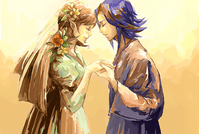 1boy, 1girl, anju, bride, brown_hair, couple, dress, elf