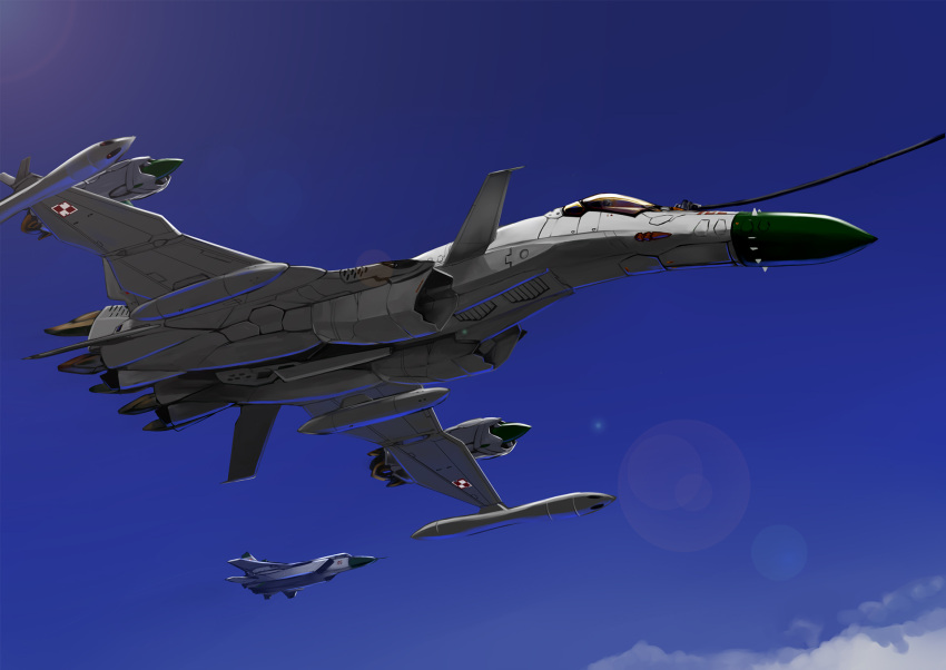 aircraft, airplane, anti-u.n., canards, clouds, commentary_request, fighter_jet, flying, highres, hose, jet, macross, macross_zero, mecha, mig-25, mig-31, military, military_vehicle, mizuki_(mizuki_ame), real_life, realistic, refueling, roundel, science_fiction, sv-51, variable_fighter