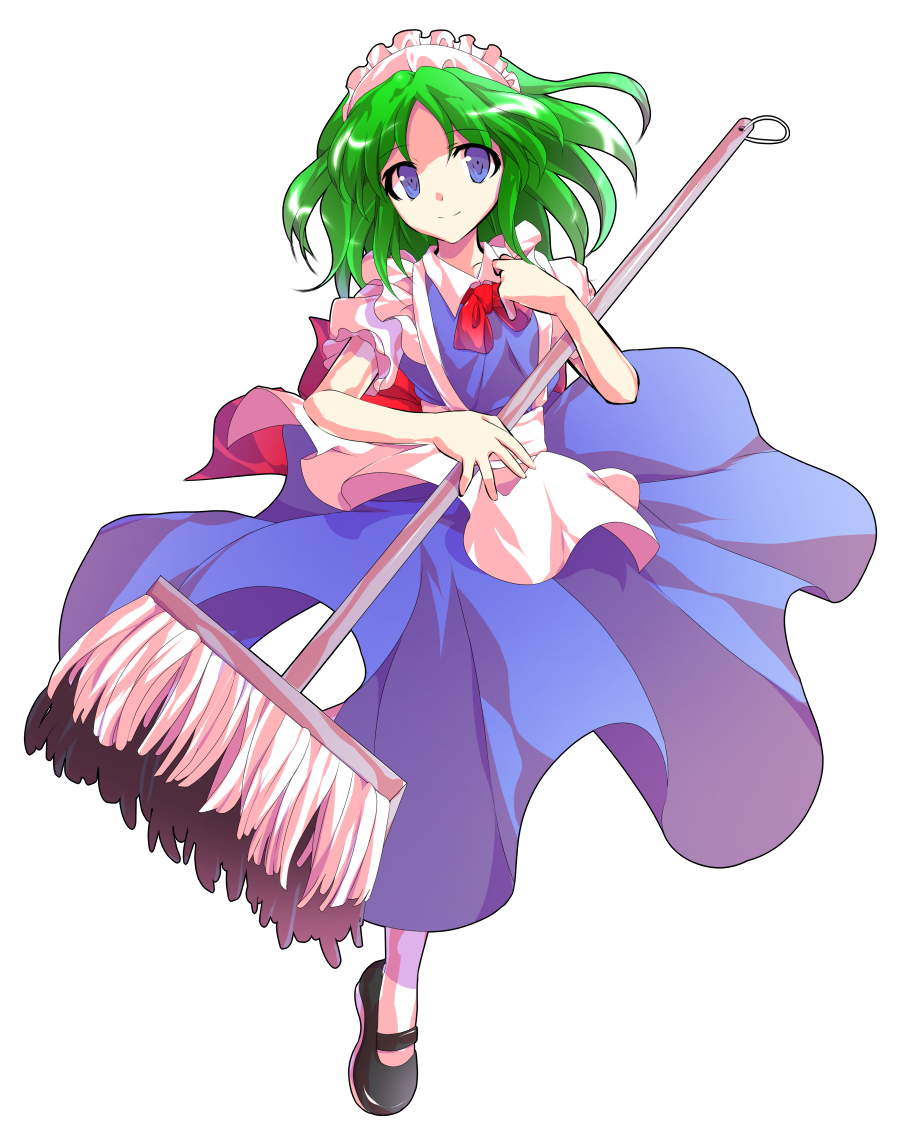 1girl, alphes_(style), android, apron, bangs, black_footwear, blue_dress, blue_eyes, bow, bowtie, closed_mouth, dairi, dress, eyebrows, eyebrows_visible_through_hair, frilled_sleeves, frills, full_body, green_hair, holding, leg_up, maid, maid_apron, maid_headdress, mary_janes, mop, parody, parted_bangs, puffy_short_sleeves, puffy_sleeves, red_bow, red_neckwear, ruukoto, shoes, short_hair, short_sleeves, simple_background, smile, solo, style_parody, tareme, touhou, touhou_(pc-98), transparent_background, waist_apron, white_apron, white_legwear