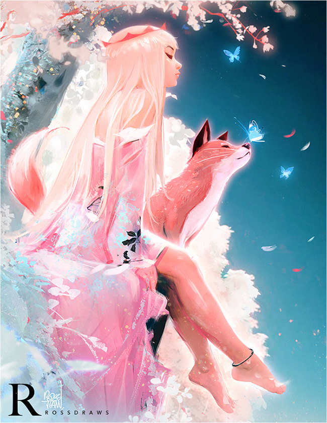 1girl, anklet, artist_name, bare_shoulders, barefoot, butterfly_on_nose, cherry_blossoms, closed_eyes