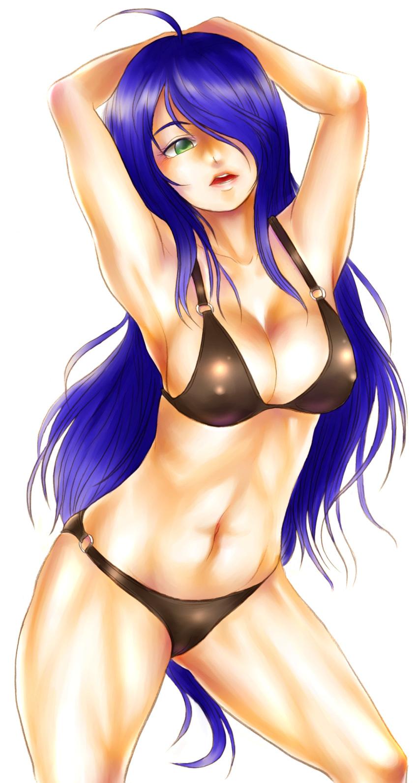 bikini, blue_hair, fukushima_nyuugyou_inc, green_eyes, hair_over_one_eye, highres, ikkitousen, kan'u_unchou