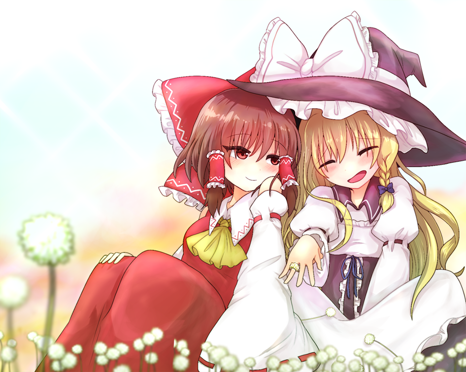 2girls, ^_^, ascot, back-to-back, blonde_hair, blush, bow, braid