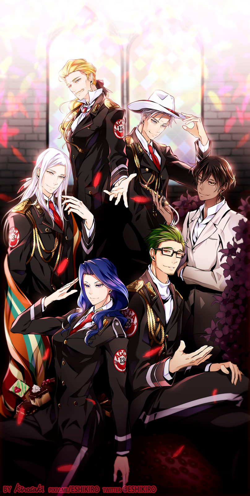 1girl, 5boys, acca_13-ku_kansatsu-ka, artist_name, beard, blonde_hair, brown_hair, facial_hair, feathers, formal, glasses, green_hair, grossular, hair_feathers, hat, highres, lilium_(acca), long_hair, looking_at_viewer, mauve_(acca), multiple_boys, mustache, outstretched_hand, pasutisu, pine_(acca), salute, seklutz, sitting, spade_(acca), suit, uniform, violet_eyes, watermark, web_address, white_hair, white_hat