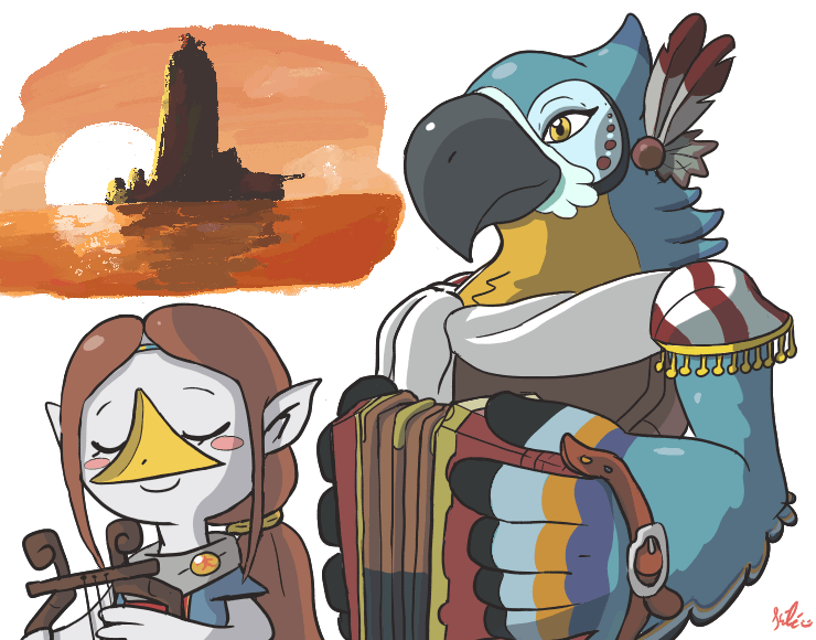 1boy, 1girl, accordion, animated, animated_gif, beak, brown_hair, feathers, harp, instrument, kass, keke_(kokorokeke), medli, music, playing_instrument, pointy_ears, rito, smile, sunset, the_legend_of_zelda, the_legend_of_zelda:_breath_of_the_wild, the_legend_of_zelda:_the_wind_waker, upper_body, wings