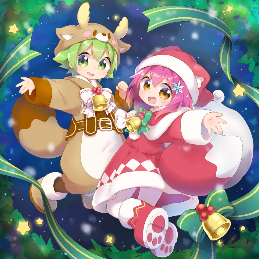 1boy, 1girl, absurdres, animal_costume, animal_hat, boots, botan-kun, brown_eyes