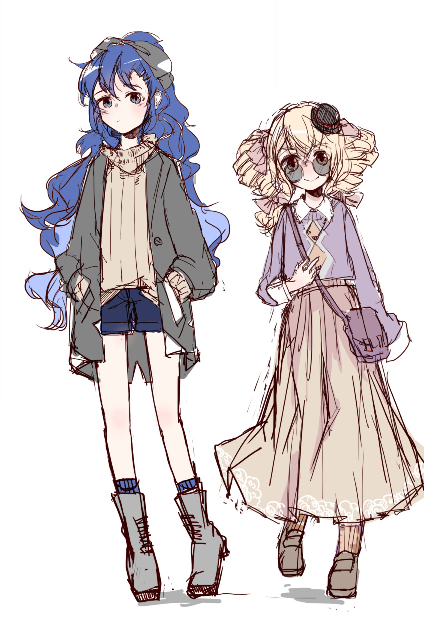 2girls, alternate_costume, alternate_headwear, bag, black_hat, blonde_hair, blue_eyes, blue_hair, boots, bow, brown_eyes, brown_footwear, drill_hair, grey_bow, grey_jacket, hair_bow, hands_in_pockets, hat, highres, jacket, jewelry, long_skirt, long_sleeves, looking_at_viewer, makihako_bunko, multiple_girls, necklace, purple_shirt, shirt, short_shorts, shorts, shoulder_bag, siblings, sisters, sketch, skirt, smile, sunglasses, touhou, twin_drills, white_background, yorigami_jo'on, yorigami_shion