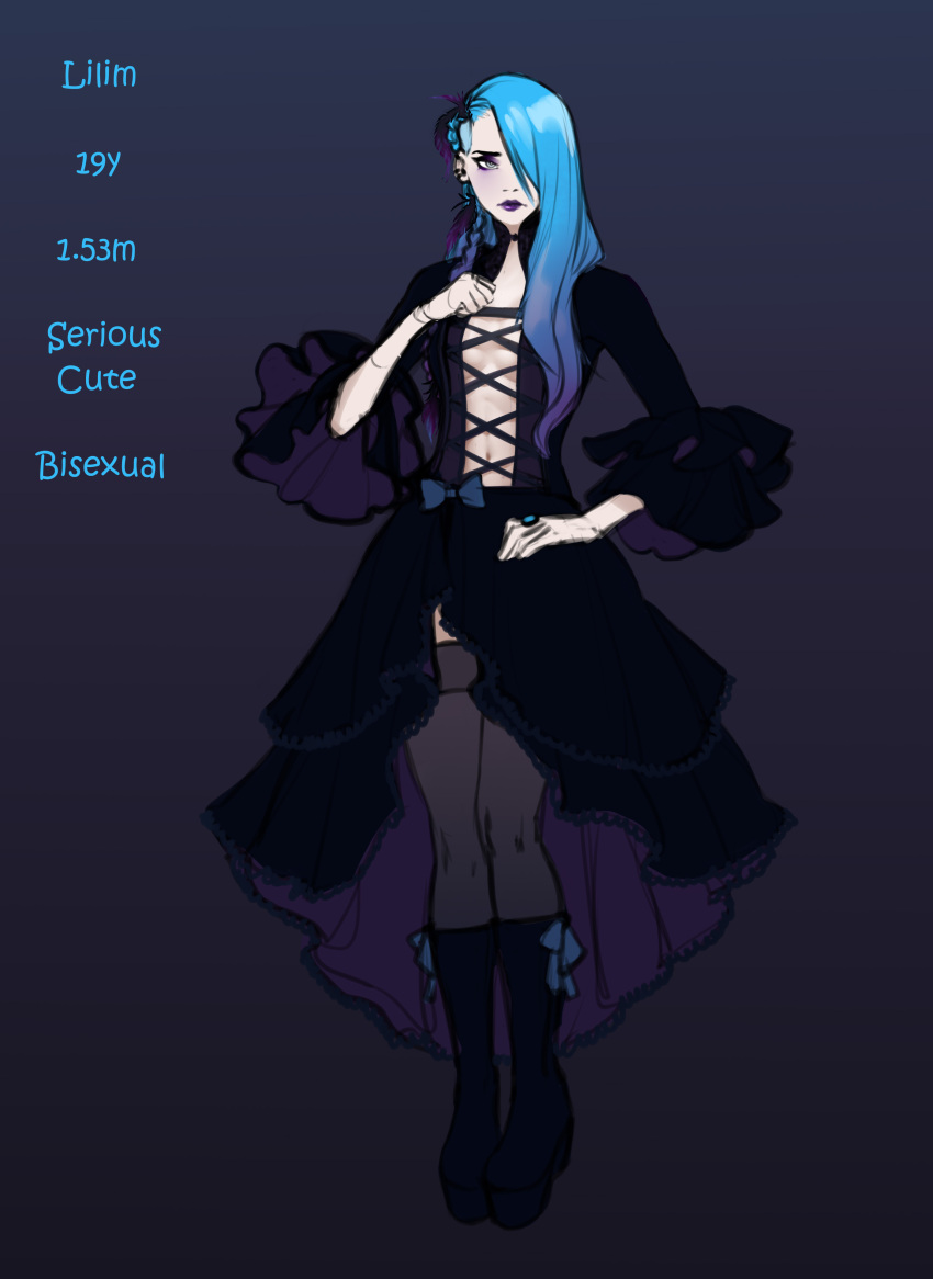 1girl, absurdres, black_footwear, blue_hair, boots, borrowed_character, breasts, center_opening