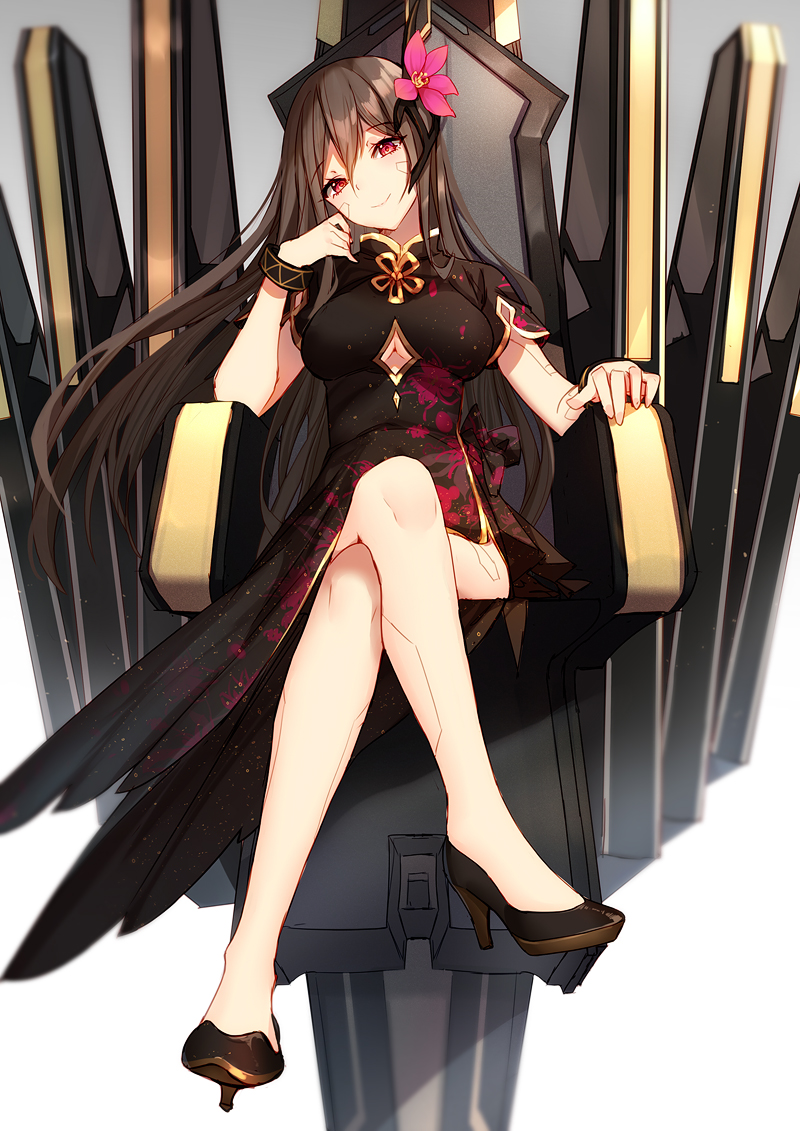 1girl, bison_cangshu, black_hair, breasts, cleavage, flower, hair_flower, hair_ornament