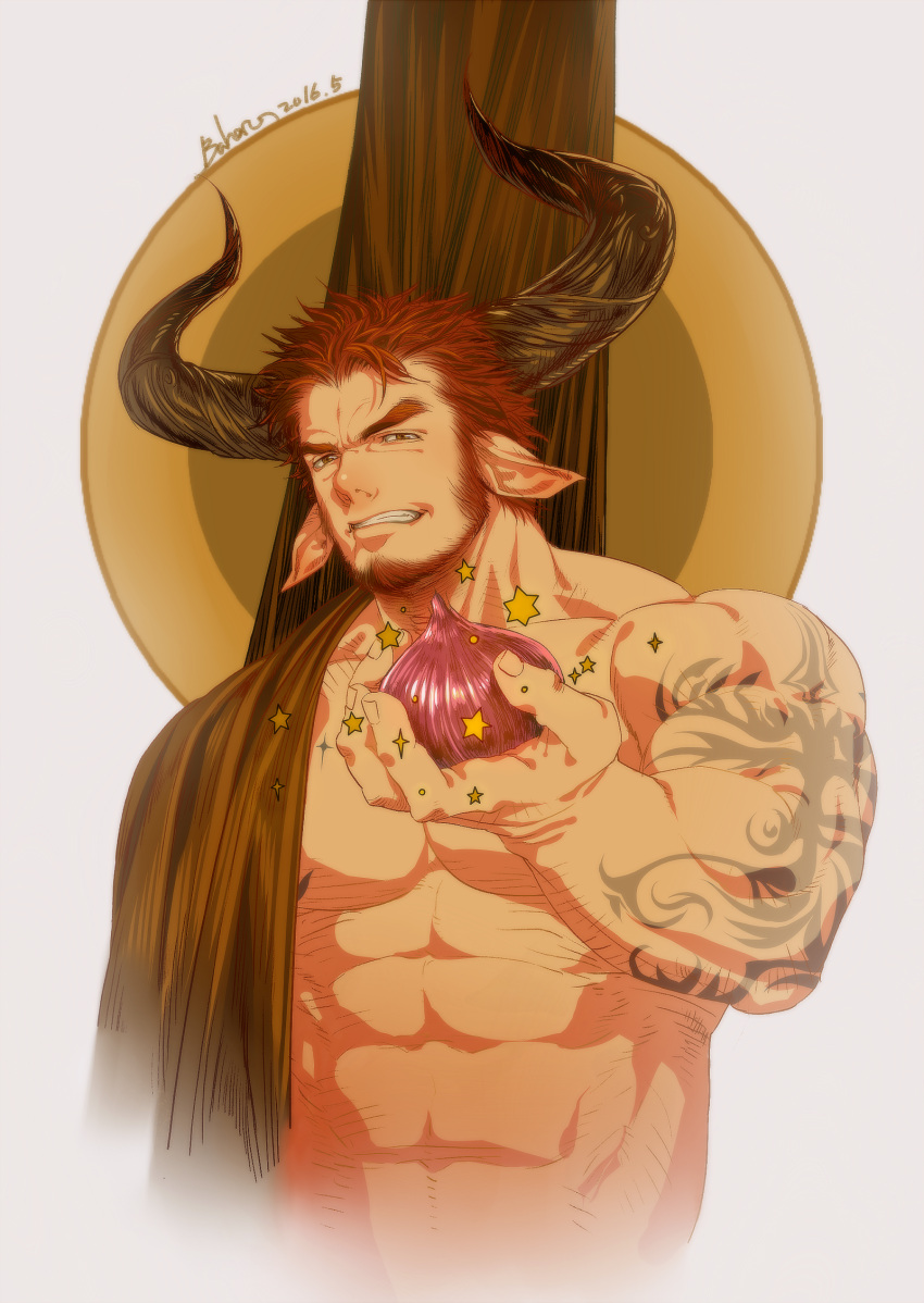 1boy, abs, agielba, baharu, bara, beard, calligraphy_brush, calligraphy_brush_(medium), doraf, facial_hair, granblue_fantasy, highres, horns, male_focus, muscle, onion, orange_hair, paintbrush, shirtless, simple_background, solo, star, tattoo, teeth, upper_body, white_background, yellow_eyes