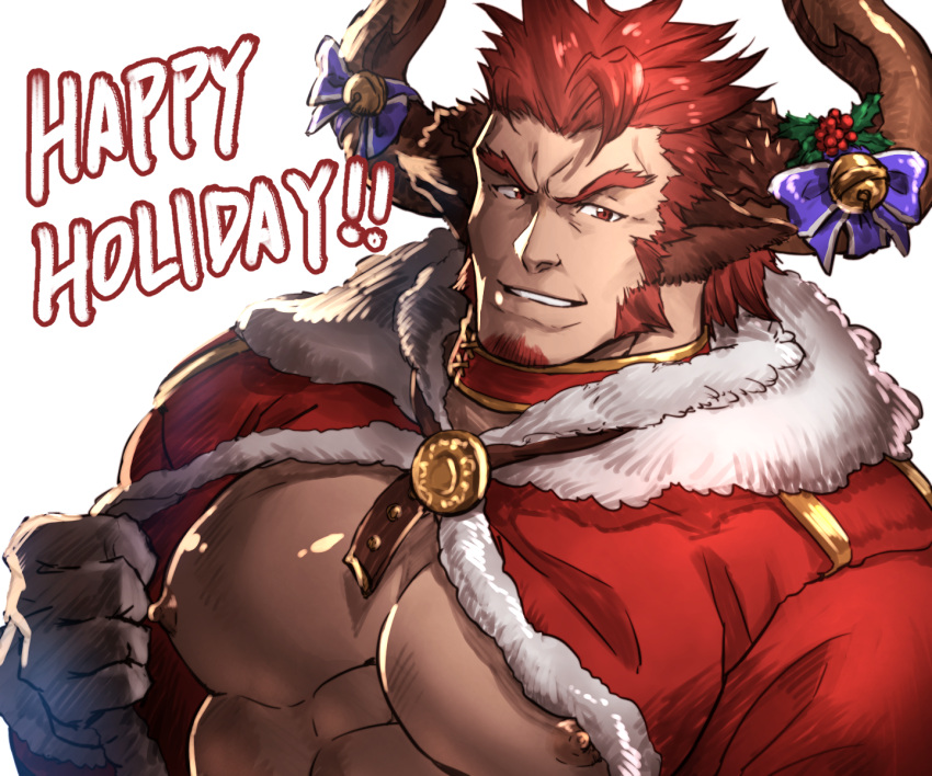 !!, 1boy, agielba, baharu, bara, beard, bell, bow, christmas, doraf, facial_hair, fur_trim, gloves, granblue_fantasy, highres, horns, leaf, male_focus, muscle, orange_hair, red_eyes, simple_background, solo, teeth, white_background
